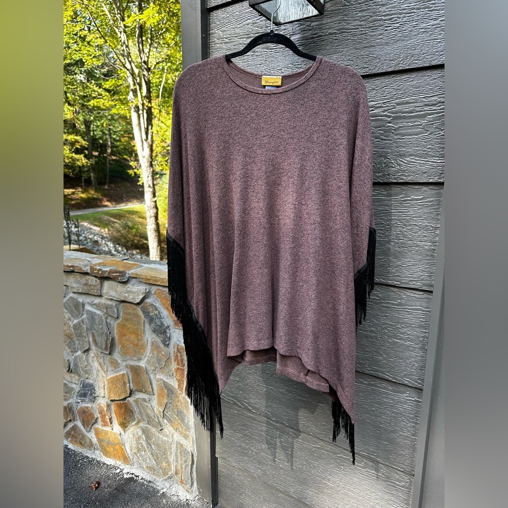 Wrangler Womens Poncho Top Fringe Heathered Knit Pullover L